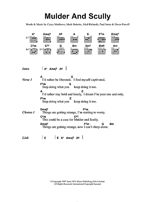 Catatonia Mulder And Scully sheet music notes and chords arranged for Guitar Chords/Lyrics