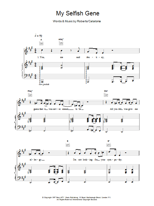 Catatonia My Selfish Gene sheet music notes and chords arranged for Piano, Vocal & Guitar Chords
