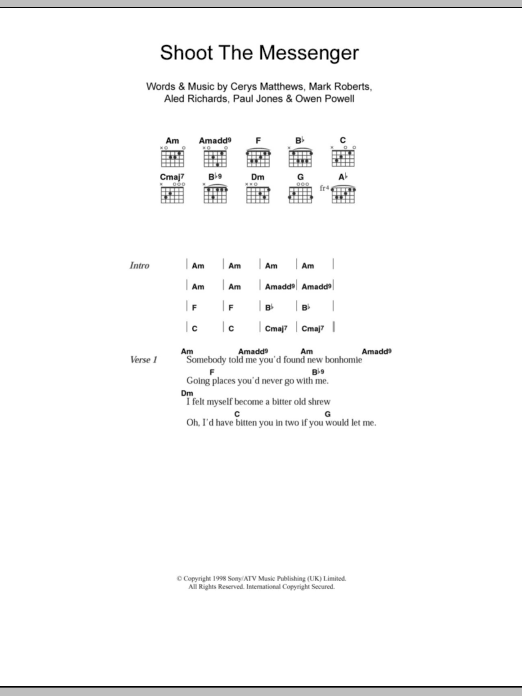 Catatonia Shoot The Messenger sheet music notes and chords arranged for Piano, Vocal & Guitar Chords