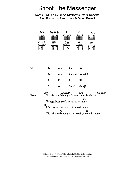 Catatonia Shoot The Messenger sheet music notes and chords arranged for Piano, Vocal & Guitar Chords