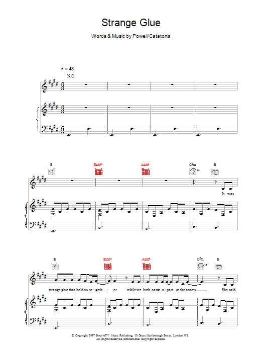 Catatonia Strange Glue sheet music notes and chords arranged for Piano, Vocal & Guitar Chords