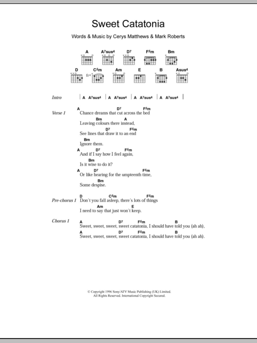 Catatonia Sweet Catatonia sheet music notes and chords arranged for Guitar Chords/Lyrics