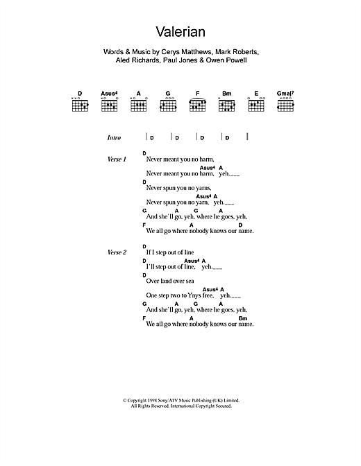 Catatonia Valerian sheet music notes and chords arranged for Piano, Vocal & Guitar Chords