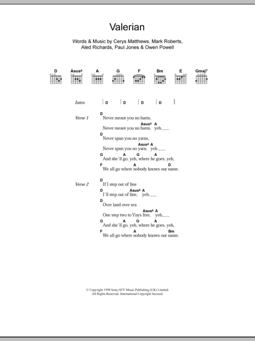 Catatonia Valerian sheet music notes and chords arranged for Guitar Chords/Lyrics