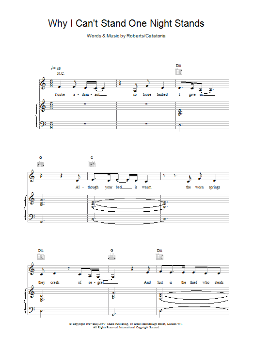 Catatonia Why I Can't Stand One Night Stands sheet music notes and chords arranged for Piano, Vocal & Guitar Chords