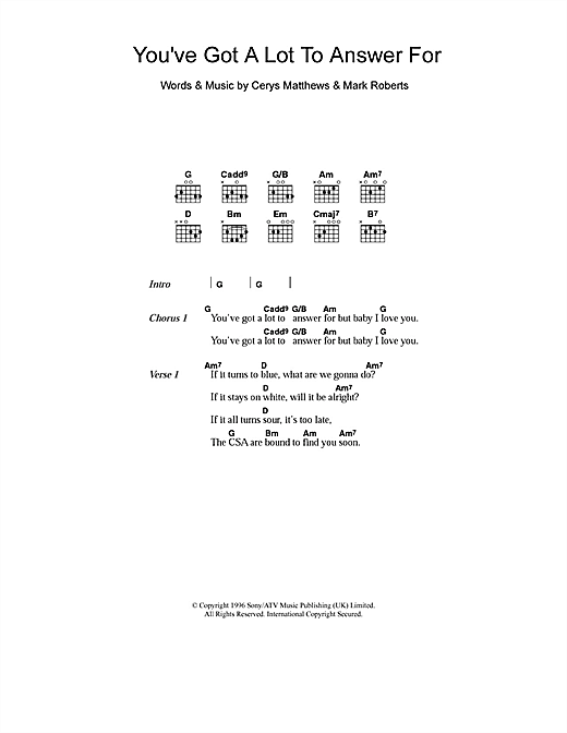 Catatonia You've Got A Lot To Answer For sheet music notes and chords arranged for Guitar Chords/Lyrics