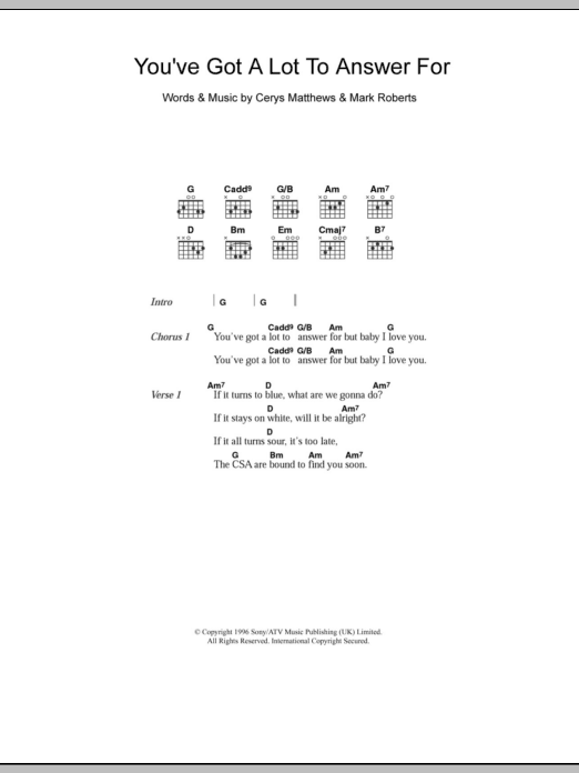 Catatonia You've Got A Lot To Answer For sheet music notes and chords arranged for Guitar Chords/Lyrics