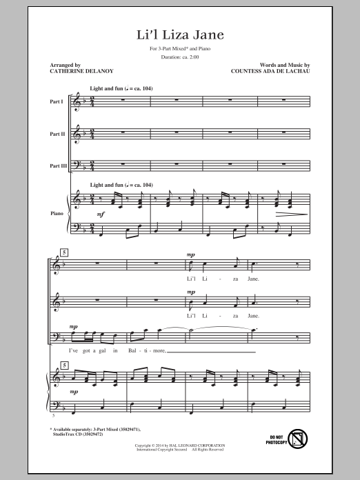 Catherine Delanoy Li'l Liza Jane (Go Li'l Liza) sheet music notes and chords arranged for 3-Part Mixed Choir