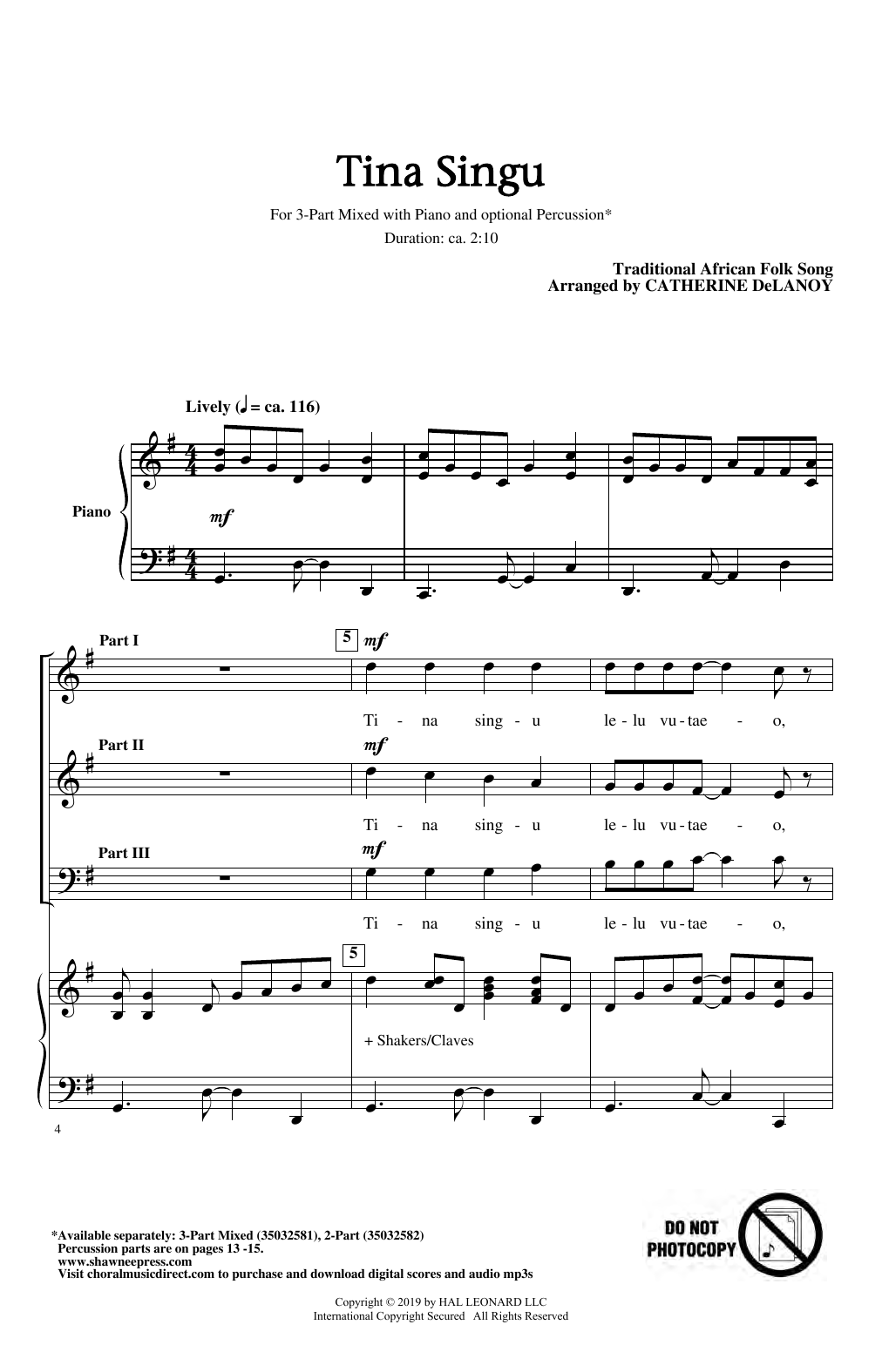 Catherine Delanoy Tina Singu sheet music notes and chords arranged for 3-Part Mixed Choir