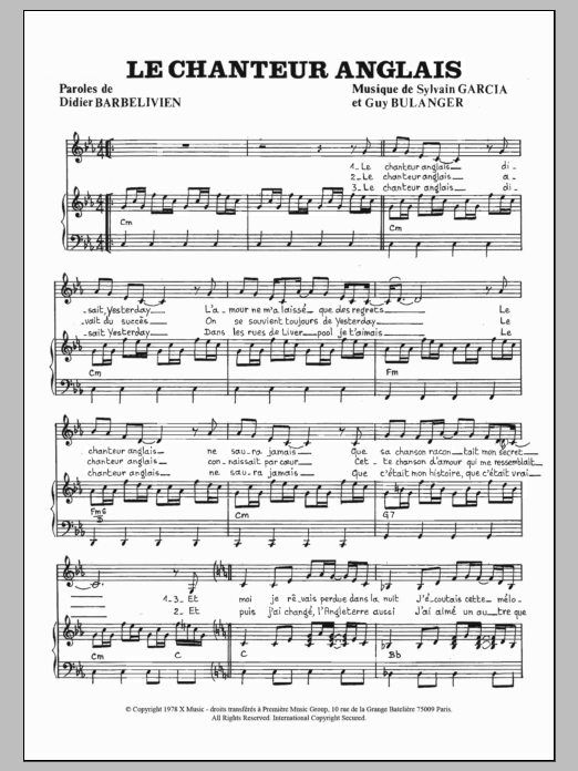 Catherine Ferry Le Chanteur Anglais sheet music notes and chords arranged for Piano & Vocal