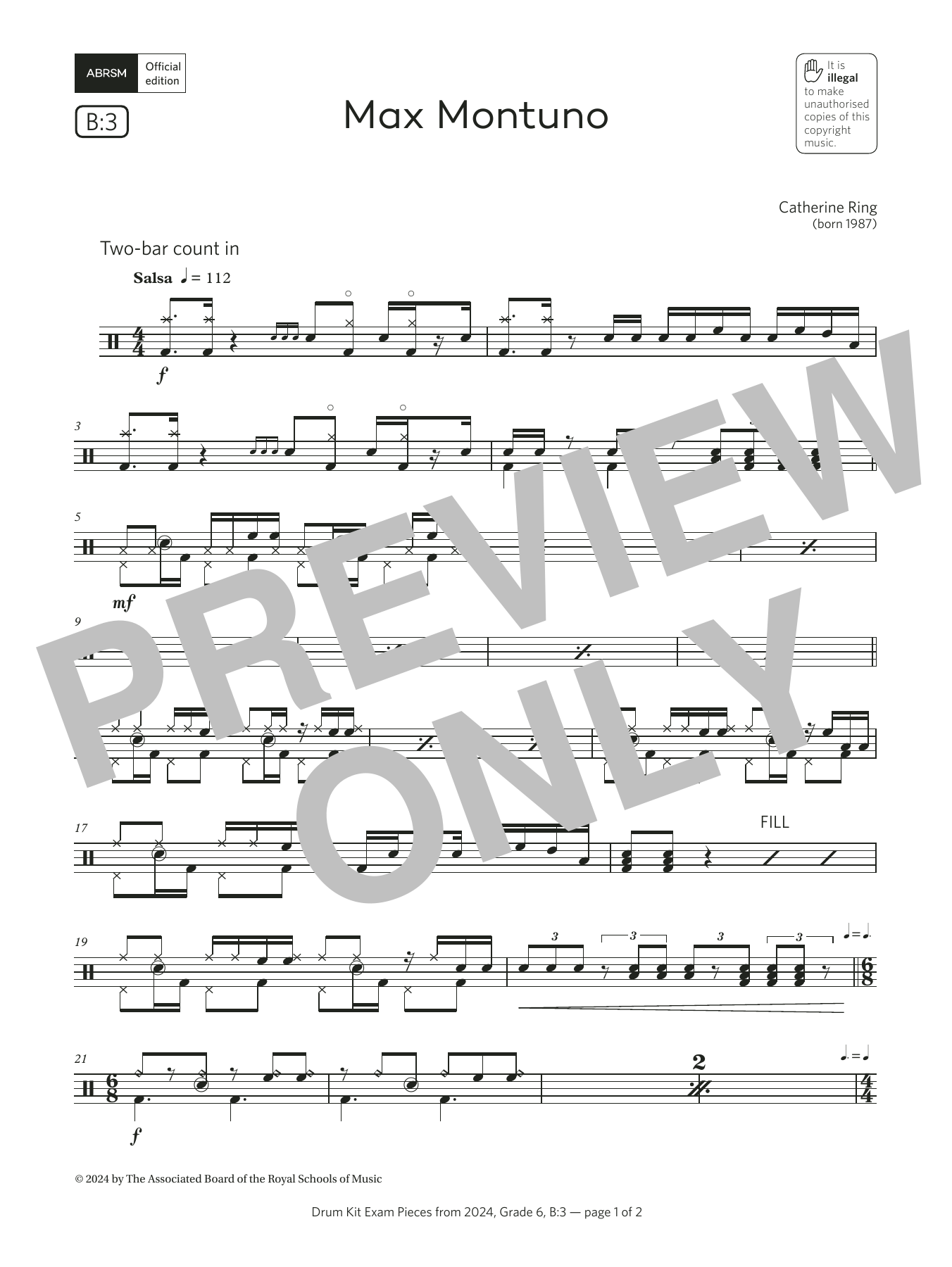 Catherine Ring Max Montuno (Grade 6, list B3, from the ABRSM Drum Kit Syllabus 2024) sheet music notes and chords arranged for Drums