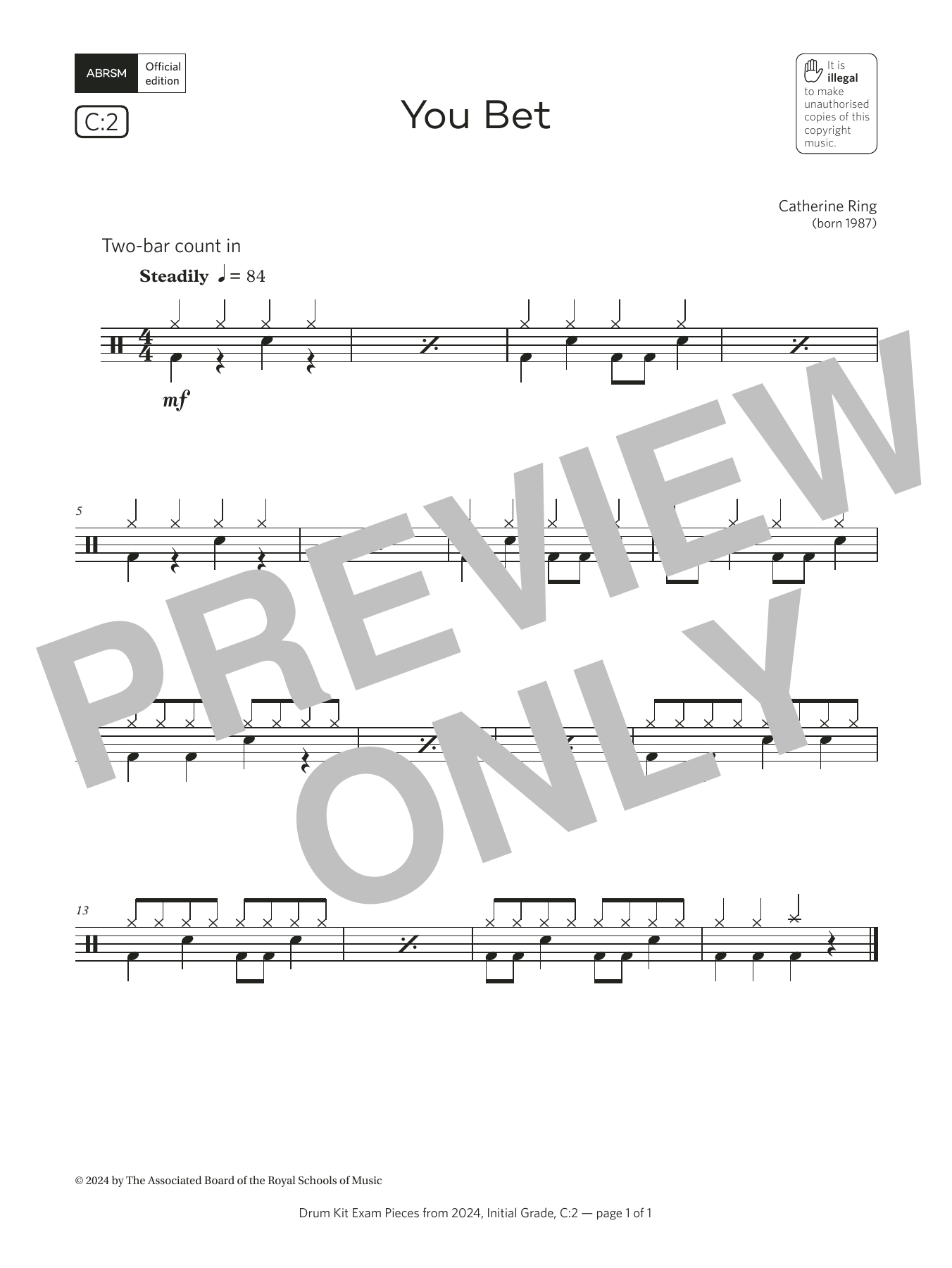 Catherine Ring You Bet (Grade Initial, list C2, from the ABRSM Drum Kit Syllabus 2024) sheet music notes and chords arranged for Drums