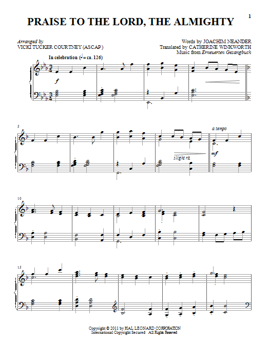 Catherine Winkworth Praise To The Lord, The Almighty sheet music notes and chords arranged for ChordBuddy