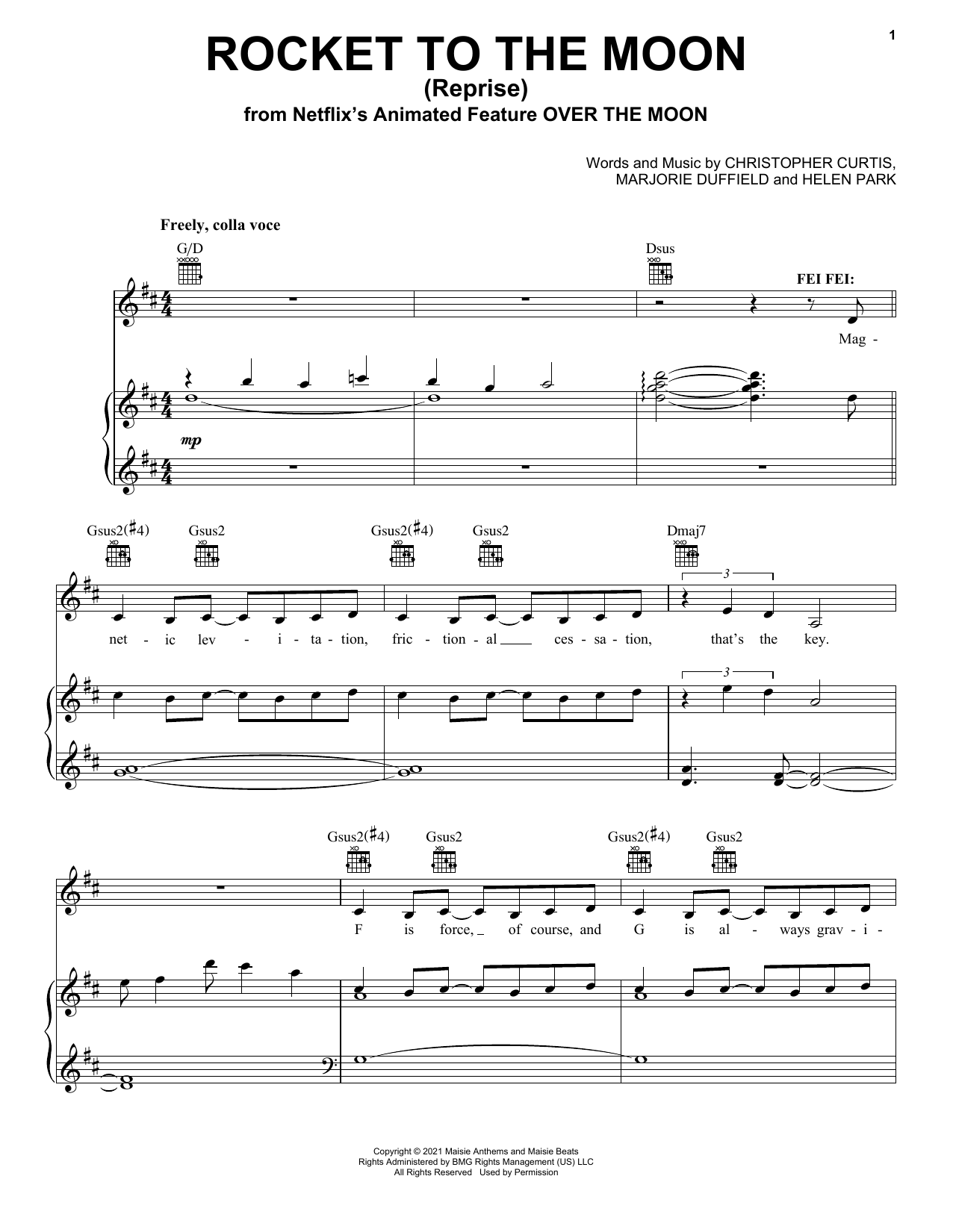 Cathy Ang Rocket To The Moon (Reprise) (from Over The Moon) sheet music notes and chords arranged for Piano, Vocal & Guitar Chords (Right-Hand Melody)
