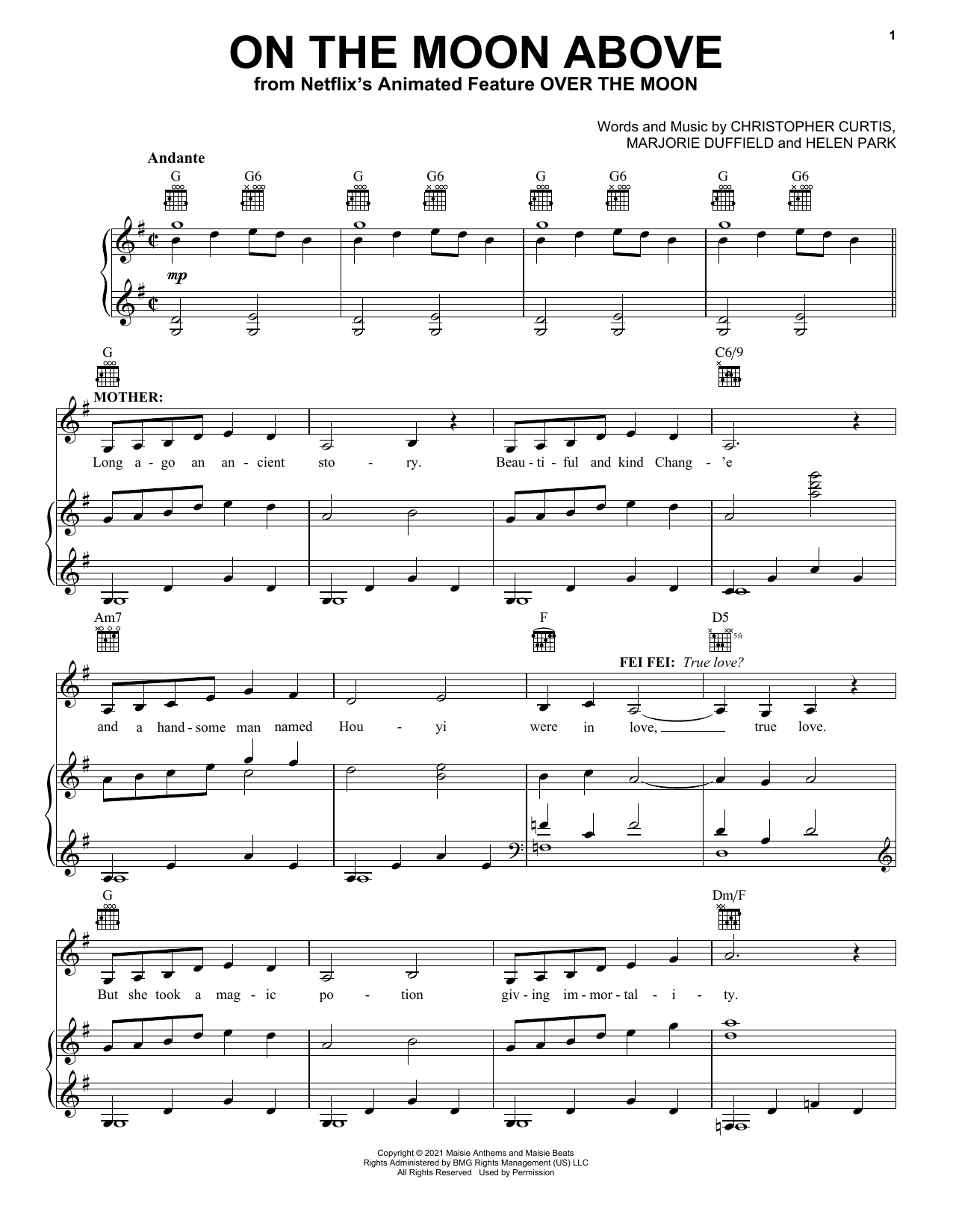 Cathy Ang, Ruthie Ann Miles and John Cho On The Moon Above (from Over The Moon) sheet music notes and chords arranged for Piano, Vocal & Guitar Chords (Right-Hand Melody)