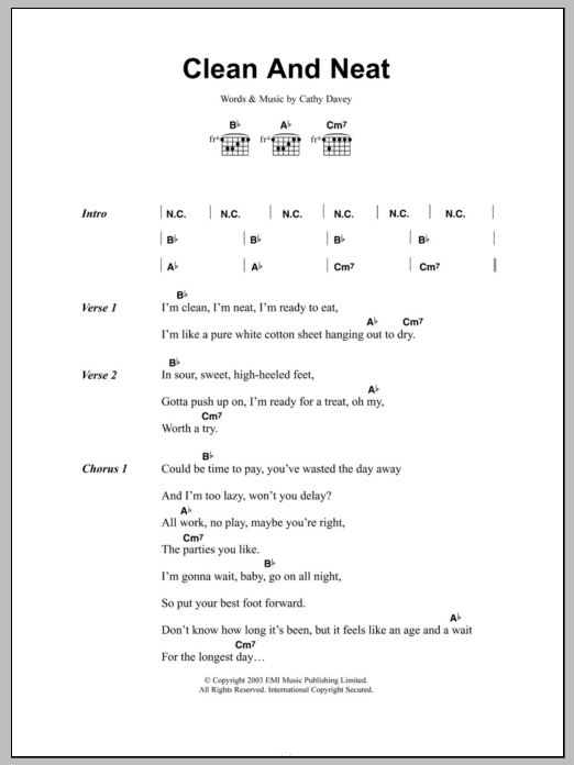 Cathy Davey Clean And Neat sheet music notes and chords arranged for Guitar Chords/Lyrics