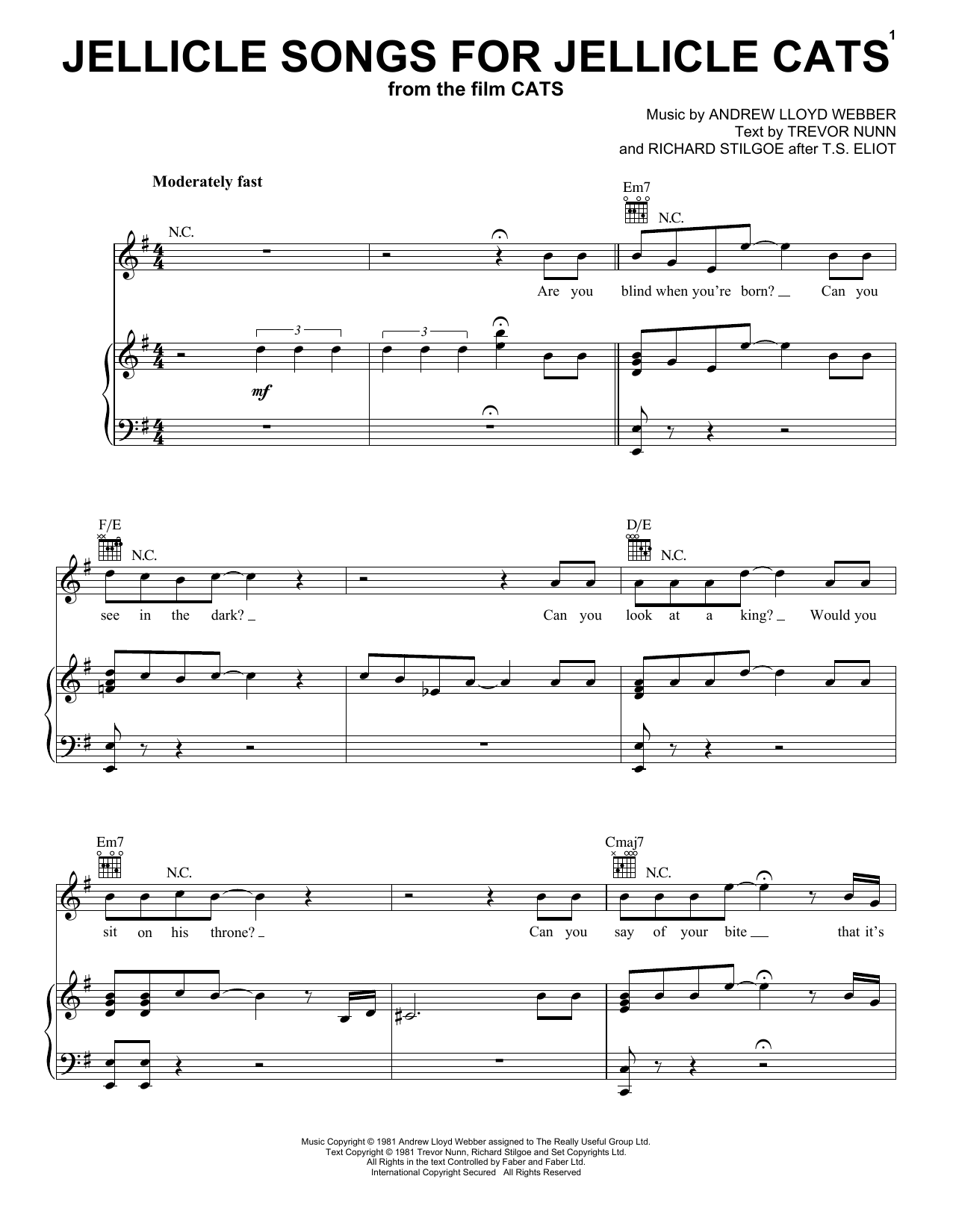 Cats Cast Jellicle Songs For Jellicle Cats (from the Motion Picture Cats) sheet music notes and chords arranged for Easy Piano