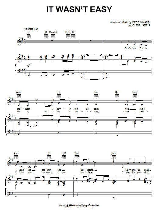 CeCe Winans It Wasn't Easy sheet music notes and chords arranged for Piano, Vocal & Guitar Chords (Right-Hand Melody)