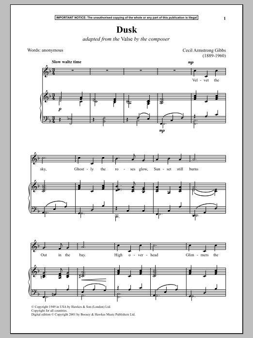 Cecil Armstrong Gibbs Dusk (Adapted from The Valse) sheet music notes and chords arranged for Piano & Vocal