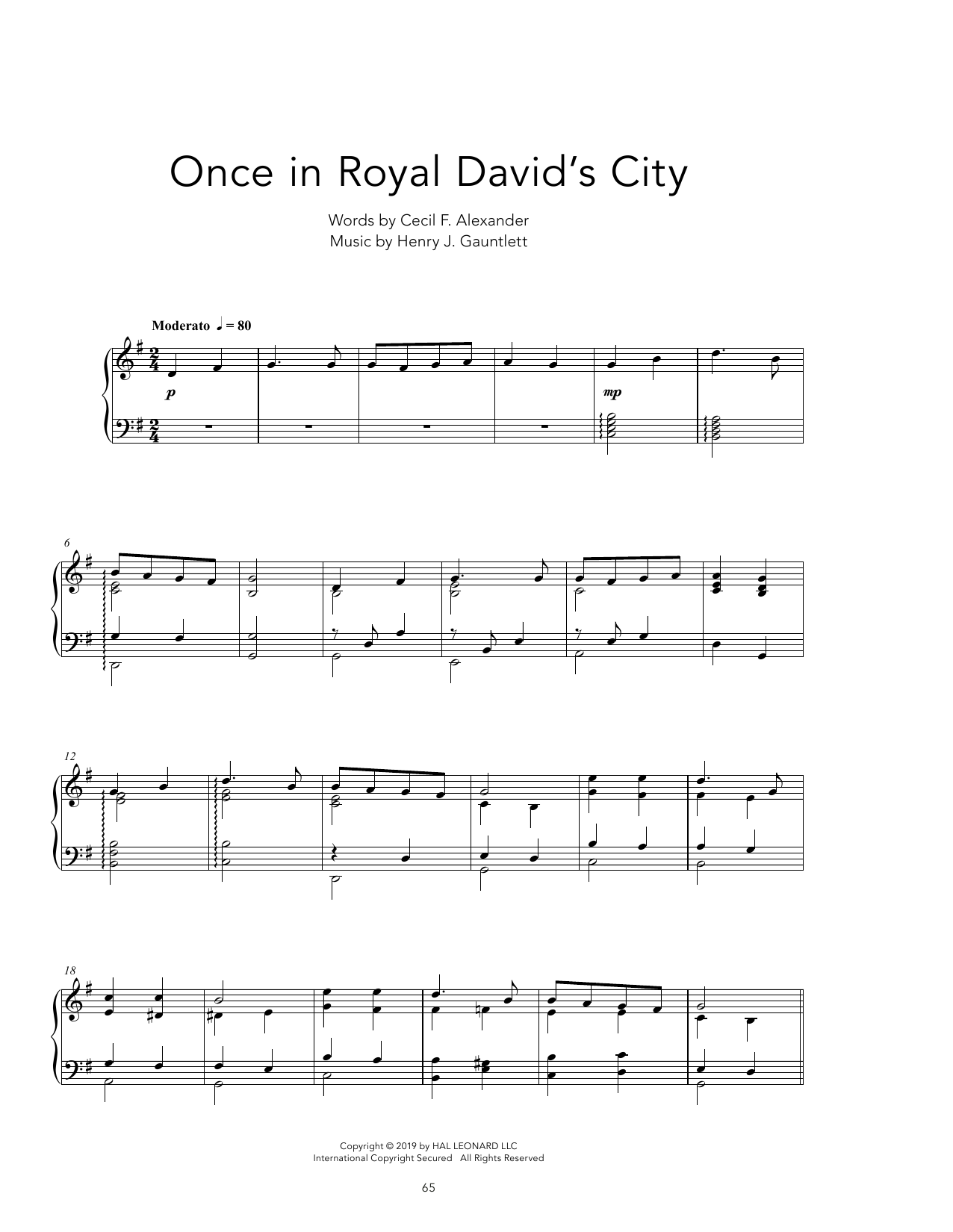 Cecil F. Alexander Once In Royal David's City [Peaceful version] sheet music notes and chords arranged for Piano Solo