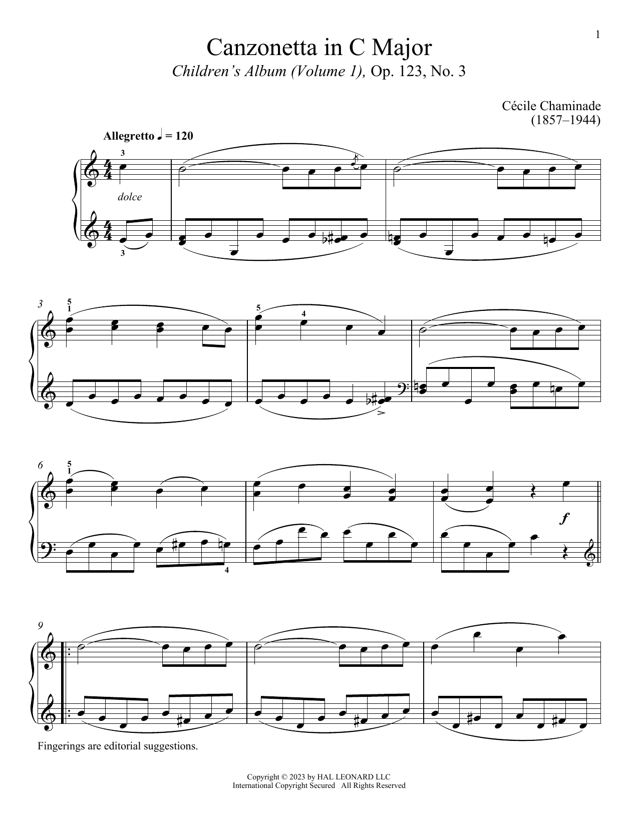 Cecile Chaminade Canzonetta sheet music notes and chords arranged for Piano Solo