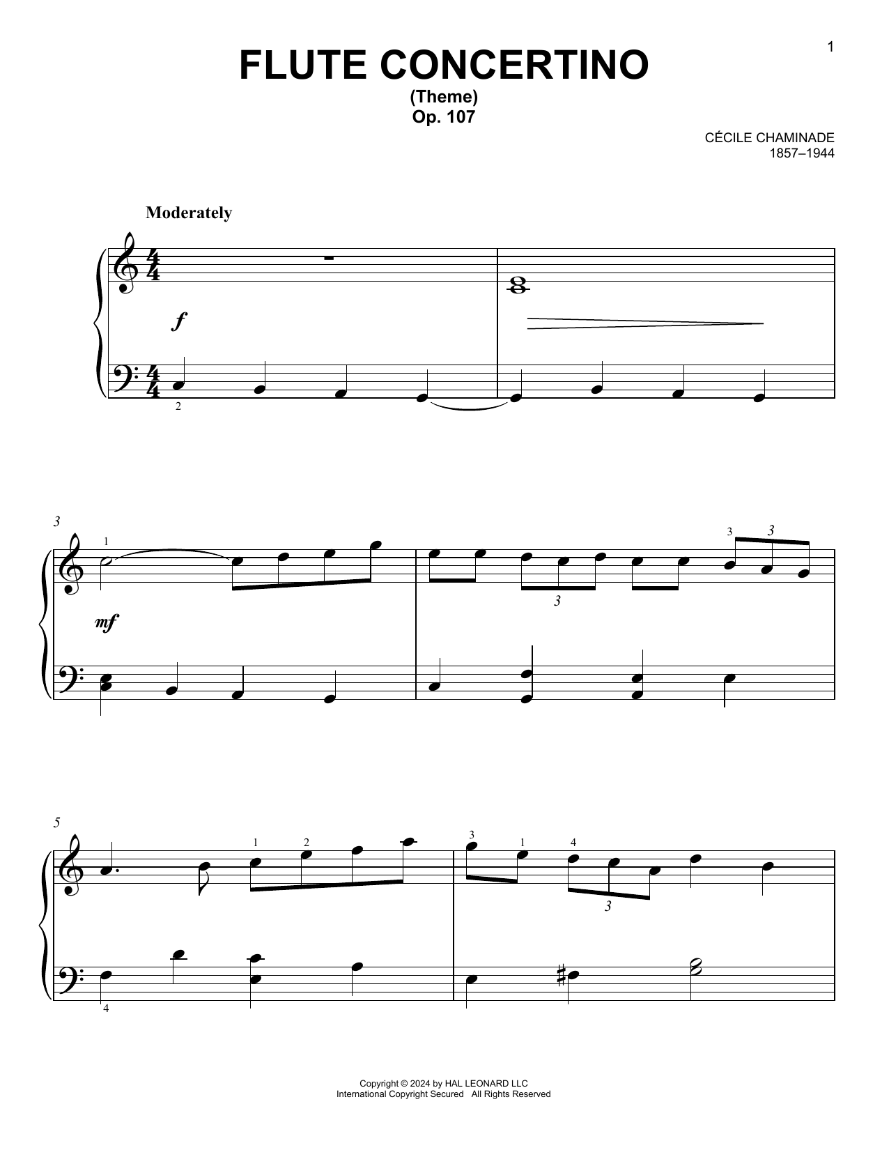Cécile Chaminade Flute Concertino sheet music notes and chords arranged for Easy Piano