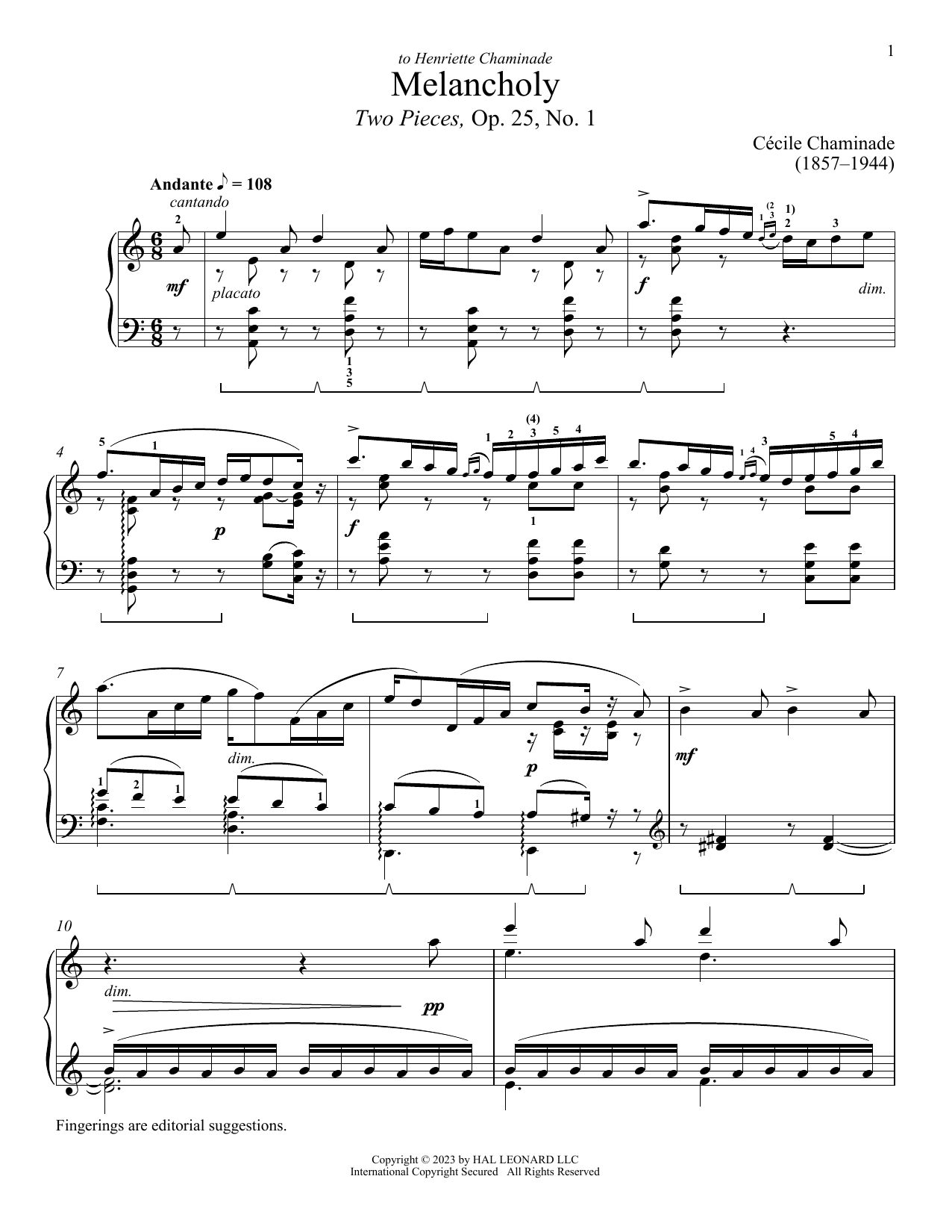 Cecile Chaminade Melancholy sheet music notes and chords arranged for Piano Solo