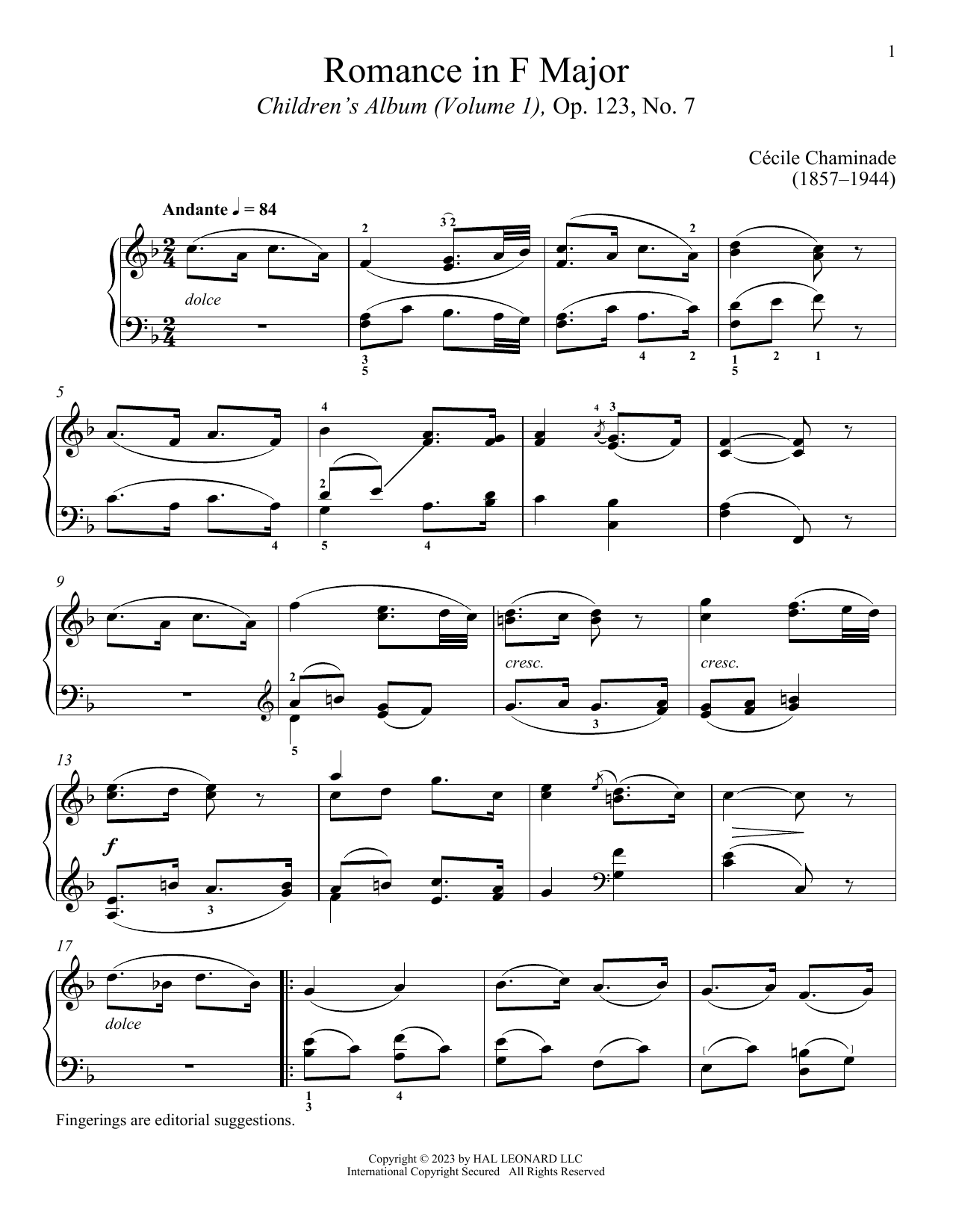 Cecile Chaminade Romance sheet music notes and chords arranged for Piano Solo
