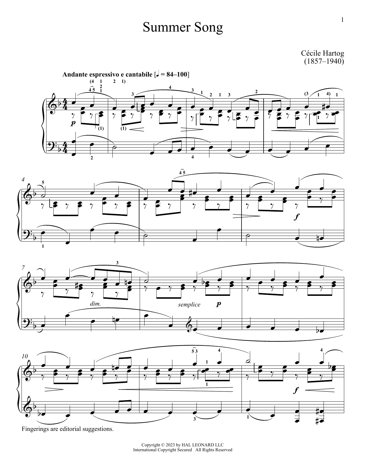 Cecile Hartog Summer Song sheet music notes and chords arranged for Piano Solo