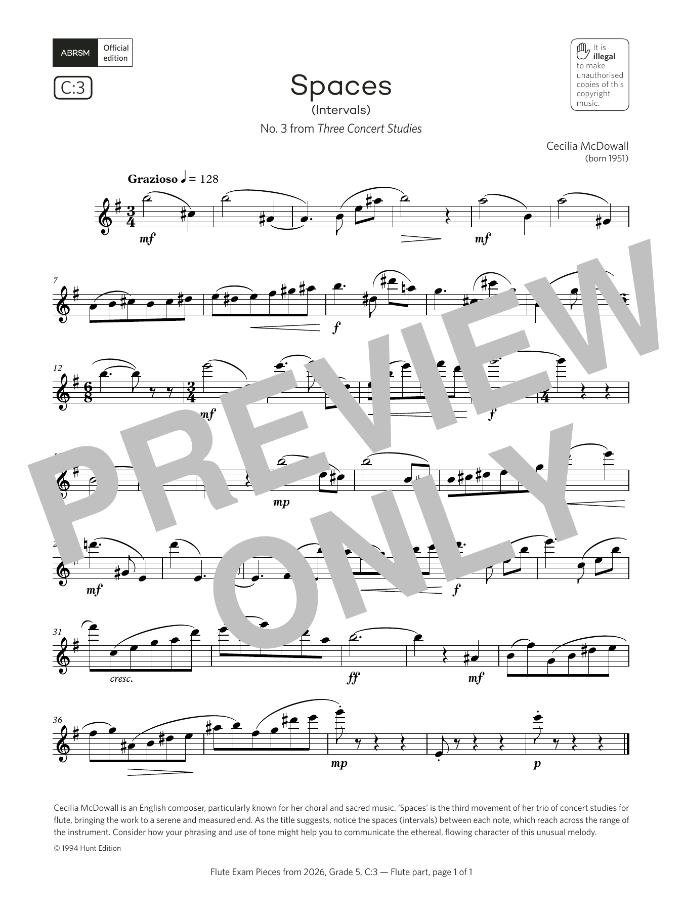 Cecilia McDowall Spaces (Grade 5, list C3, from the ABRSM Flute Syllabus from 2026) sheet music notes and chords arranged for Flute Solo