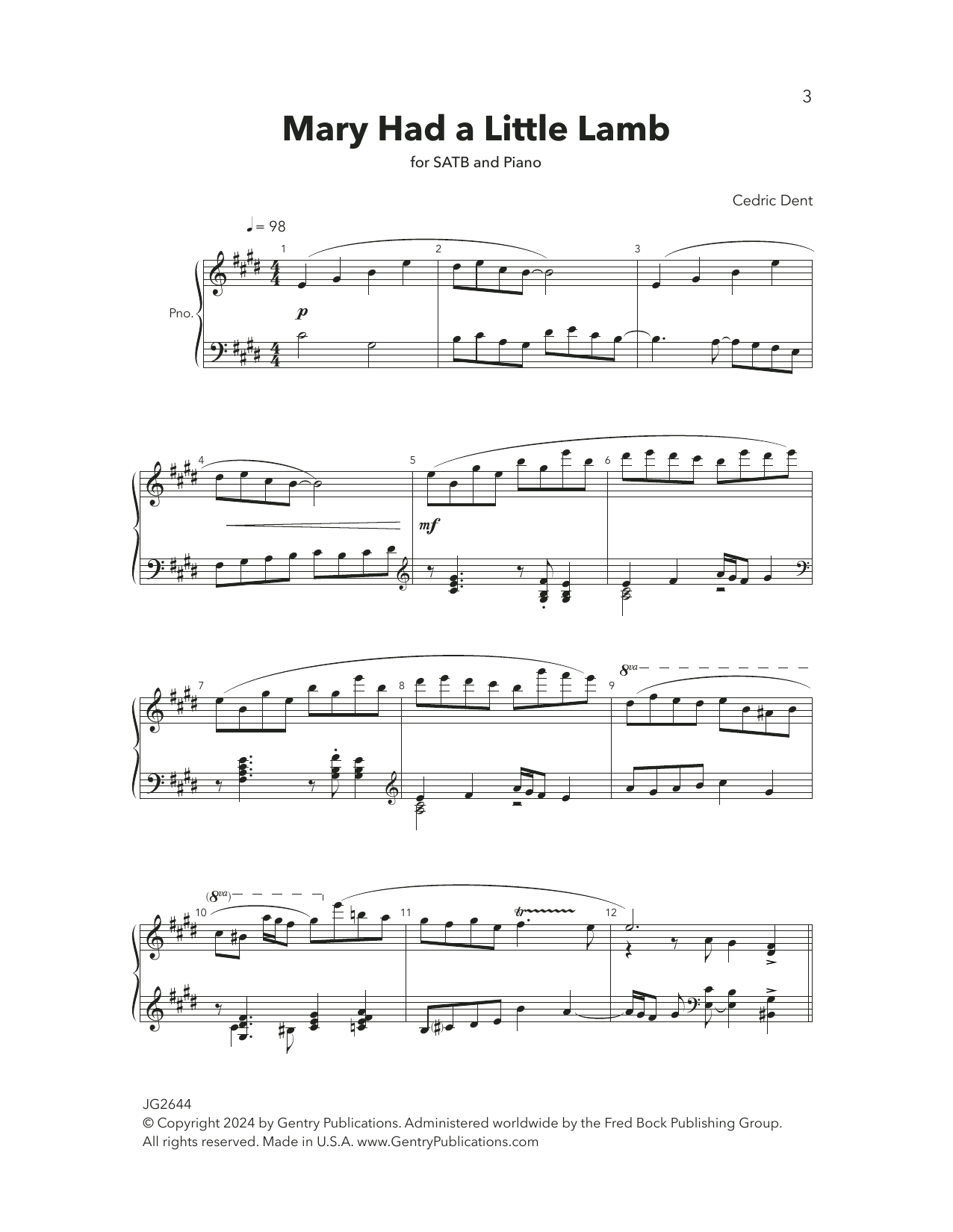 Cedric Dent Mary Had A Little Lamb sheet music notes and chords arranged for SATB Choir