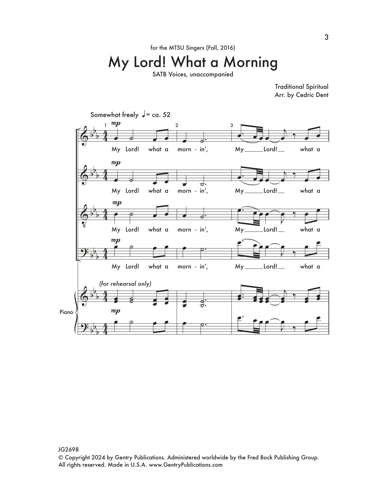 Cedric Dent My Lord! What A Morning sheet music notes and chords arranged for SATB Choir