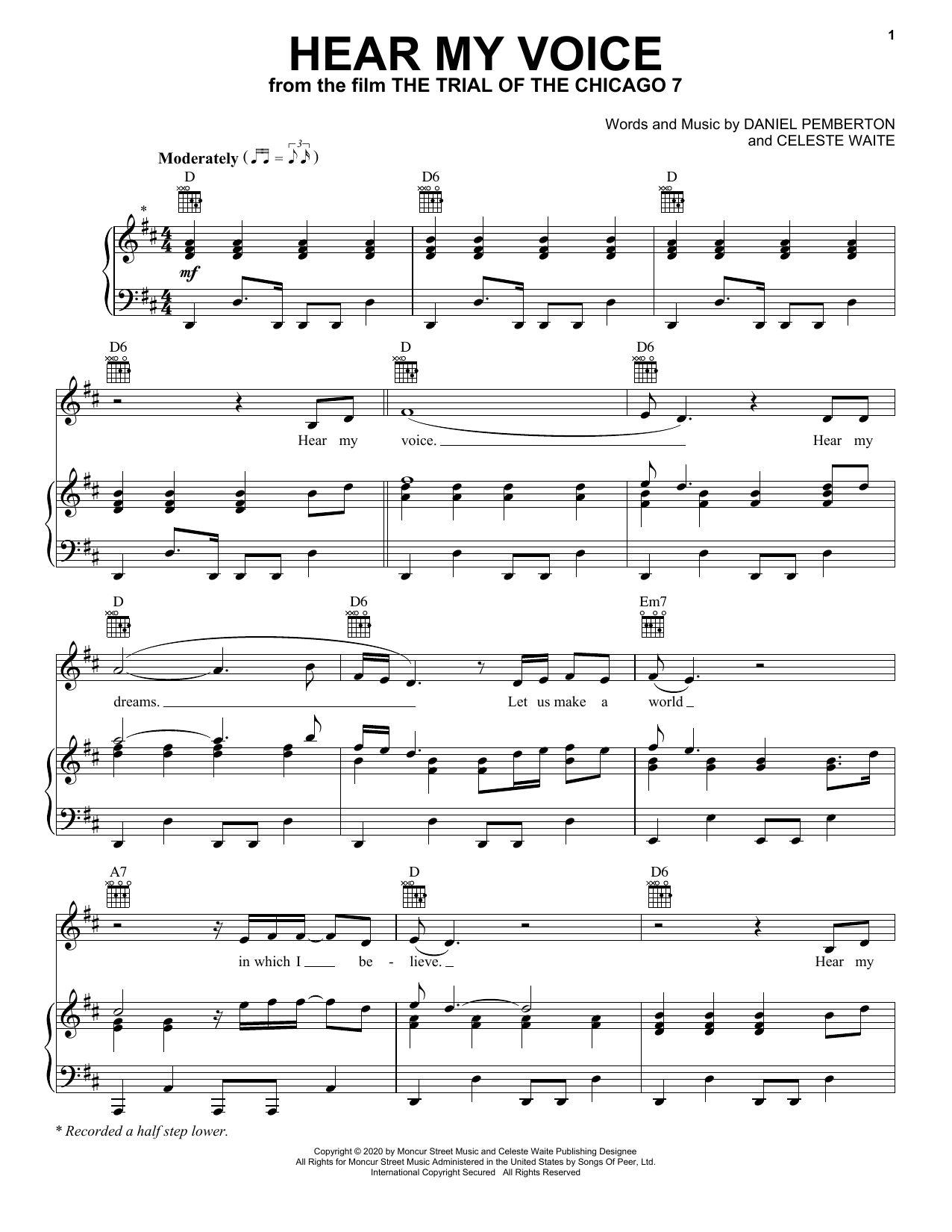 Celeste Hear My Voice (from The Trial Of The Chicago 7) sheet music notes and chords arranged for Piano, Vocal & Guitar Chords (Right-Hand Melody)