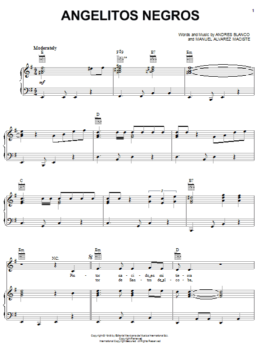 Celia Cruz Angelitos Negros sheet music notes and chords arranged for Piano, Vocal & Guitar Chords (Right-Hand Melody)