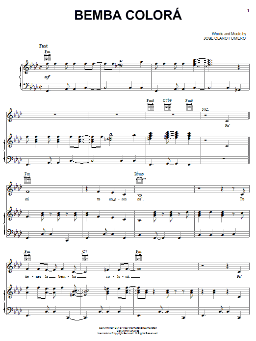 Celia Cruz Bemba Colora sheet music notes and chords arranged for Piano, Vocal & Guitar Chords (Right-Hand Melody)