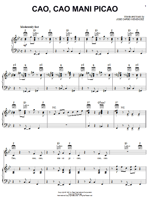 Celia Cruz Cao, Cao Mani Picao sheet music notes and chords arranged for Piano, Vocal & Guitar Chords (Right-Hand Melody)
