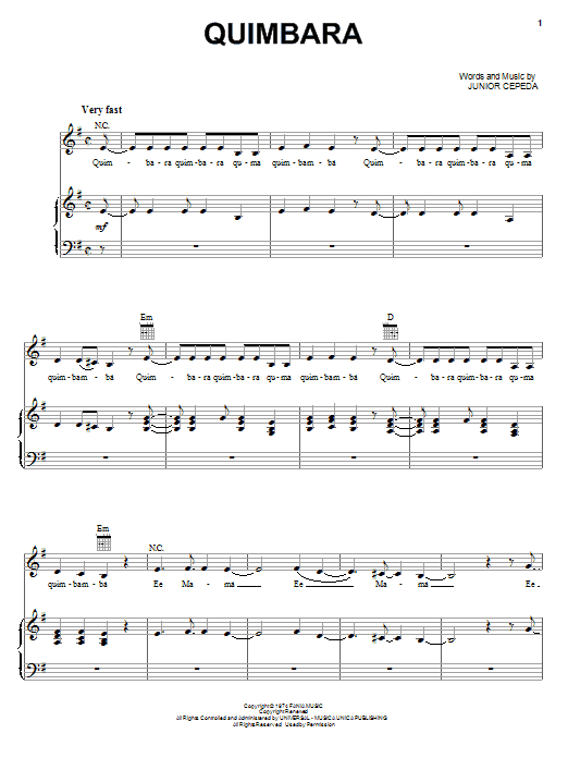 Celia Cruz Quimbara sheet music notes and chords arranged for Piano, Vocal & Guitar Chords (Right-Hand Melody)