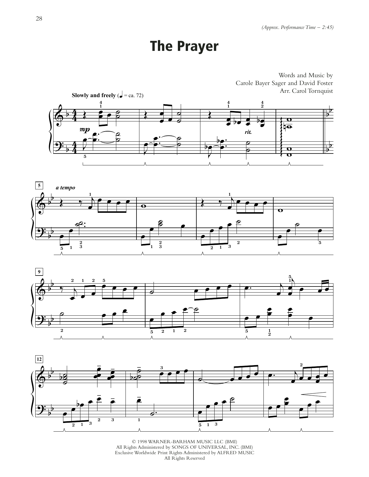 Celine Dion & Andrea Bocelli The Prayer (arr. Carol Tornquist) sheet music notes and chords arranged for Piano Solo