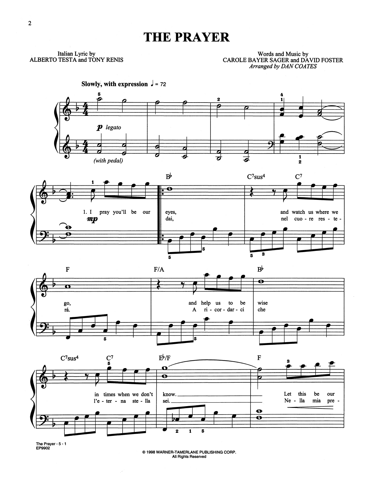 Celine Dion & Andrea Bocelli The Prayer (arr. Dan Coates) sheet music notes and chords arranged for Easy Piano