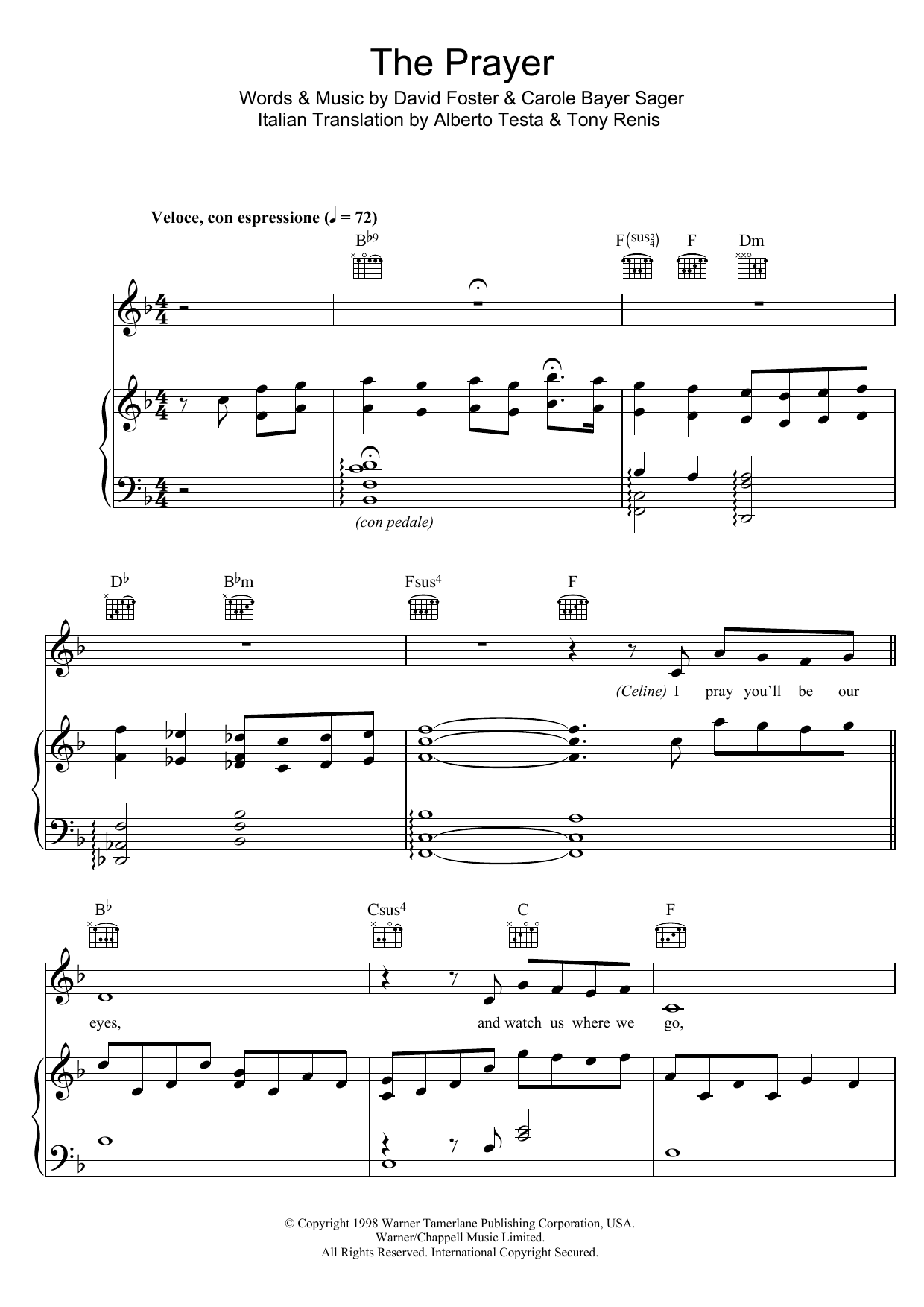 Celine Dion & Andrea Bocelli The Prayer sheet music notes and chords arranged for Piano, Vocal & Guitar Chords (Right-Hand Melody)
