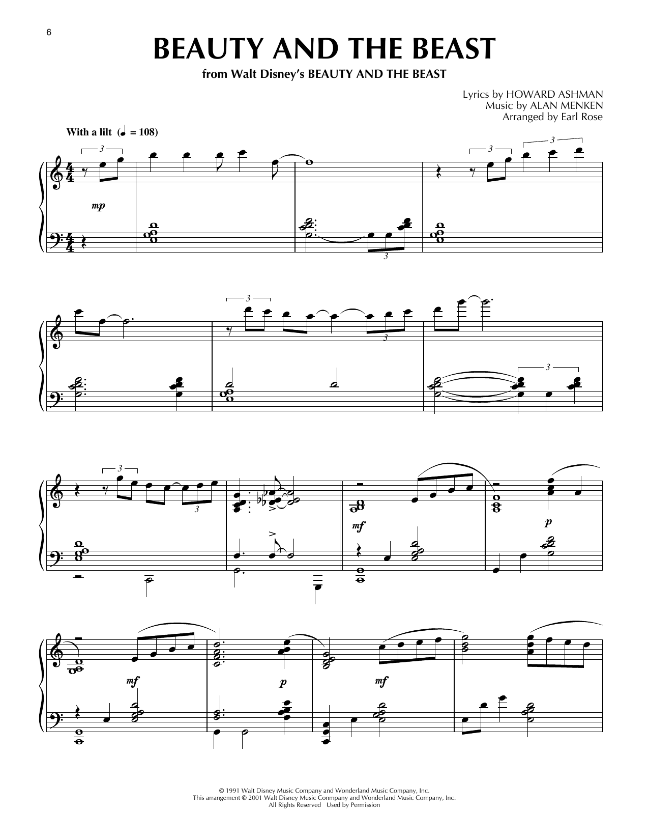 Celine Dion & Peabo Bryson Beauty And The Beast (arr. Earl Rose) sheet music notes and chords arranged for Piano Solo