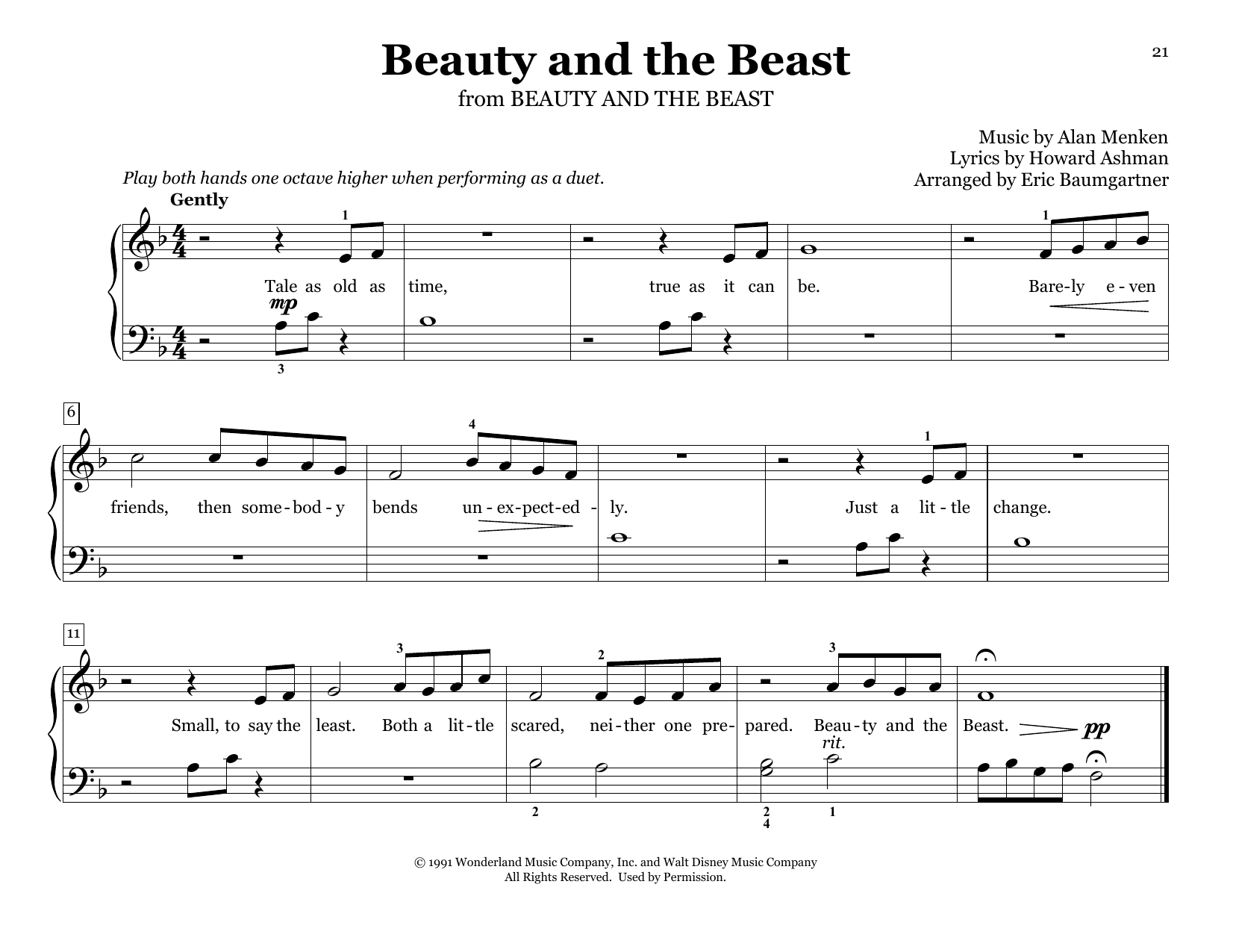 Celine Dion & Peabo Bryson Beauty And The Beast (arr. Eric Baumgartner) sheet music notes and chords arranged for Piano Duet