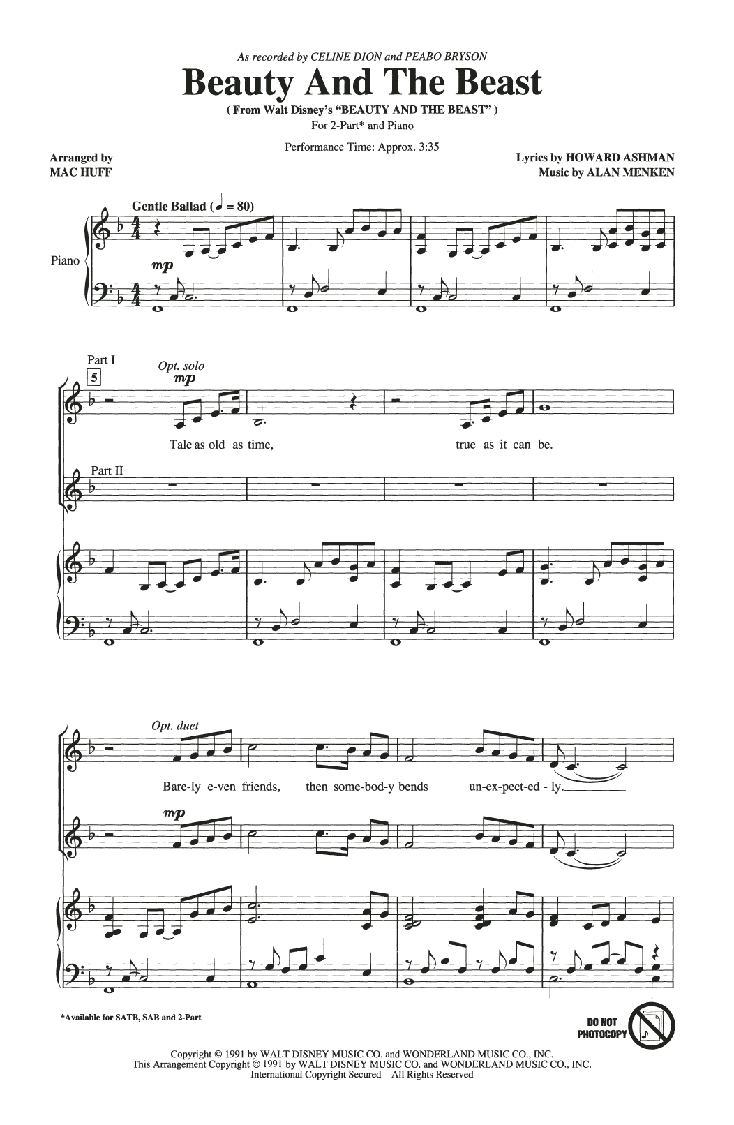 Celine Dion & Peabo Bryson Beauty And The Beast (arr. Mac Huff) sheet music notes and chords arranged for 2-Part Choir