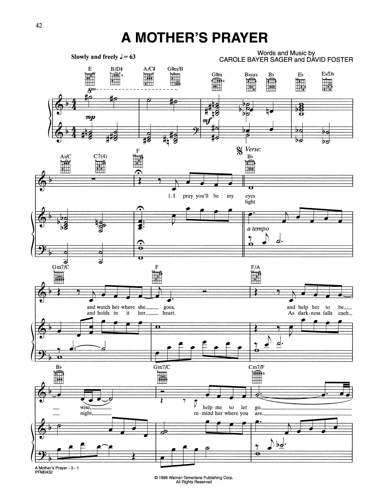 Celine Dion A Mother's Prayer (from Quest For Camelot) sheet music notes and chords arranged for Piano, Vocal & Guitar Chords (Right-Hand Melody)