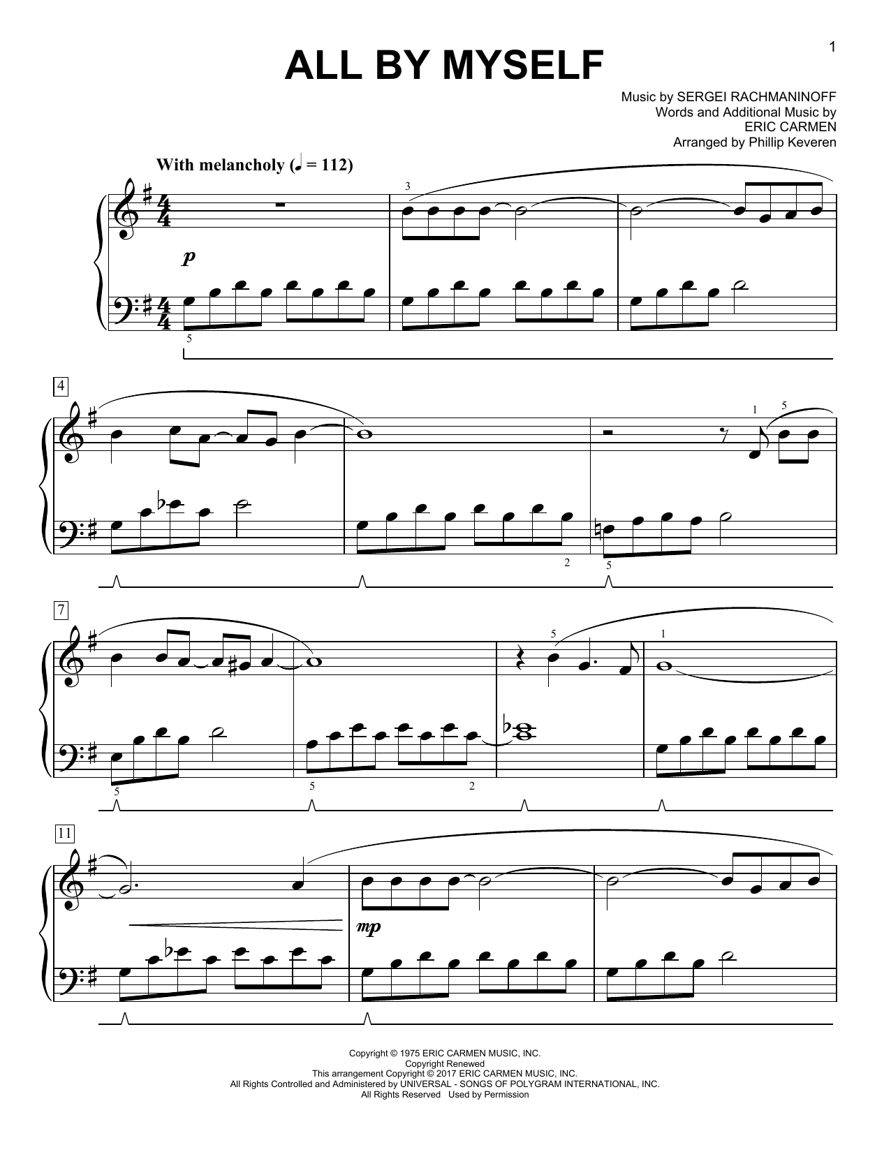 Celine Dion All By Myself [Classical version] (arr. Phillip Keveren) sheet music notes and chords arranged for Easy Piano