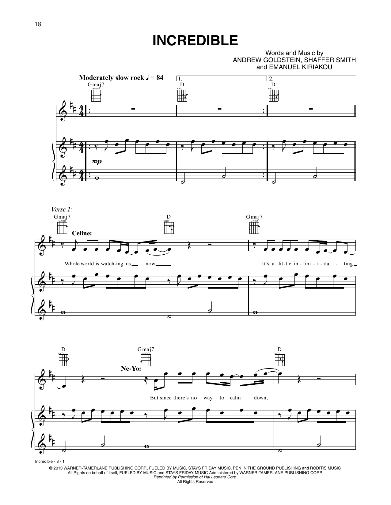 Céline Dion and Ne-Yo Incredible sheet music notes and chords arranged for Piano, Vocal & Guitar Chords (Right-Hand Melody)