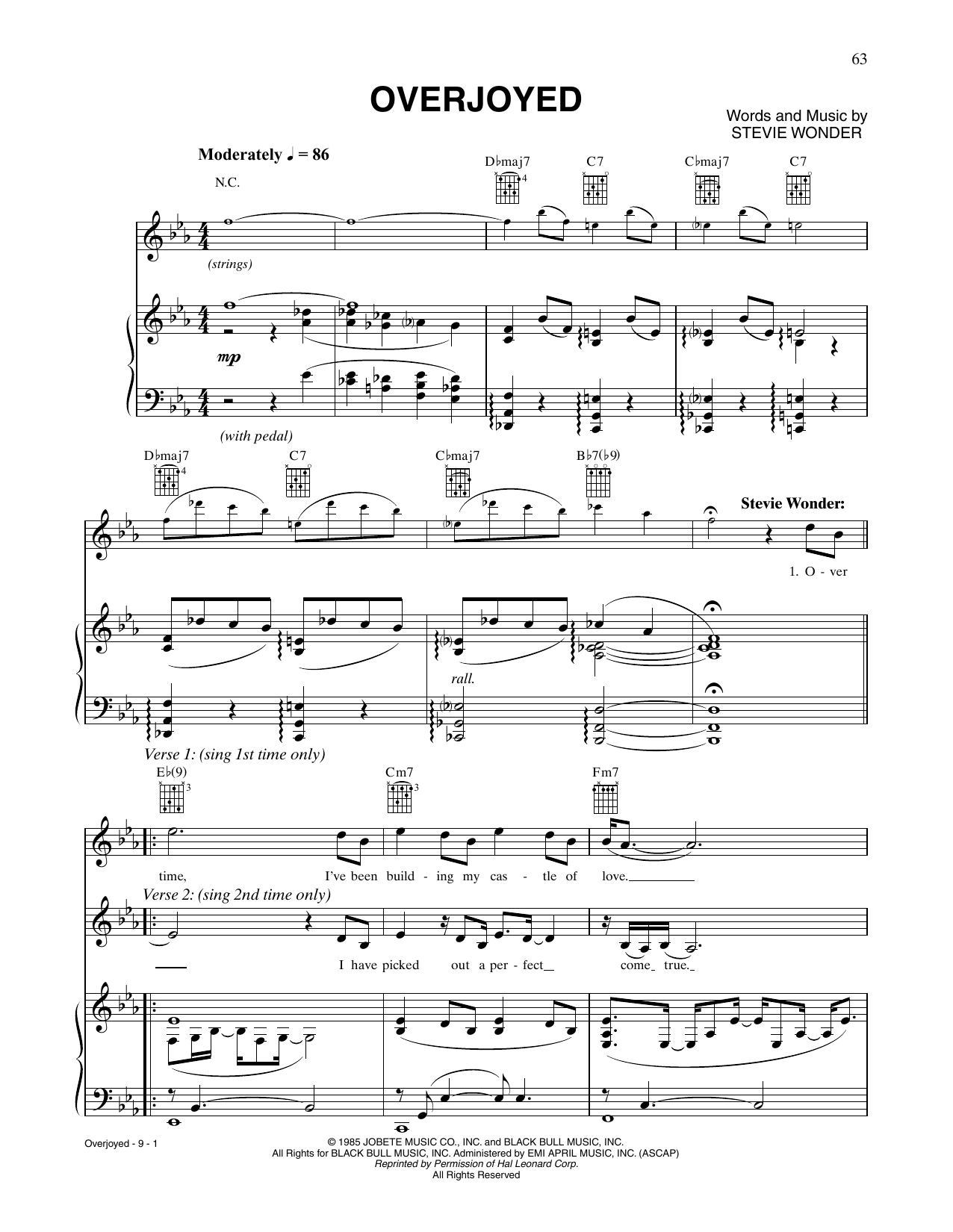 Céline Dion and Stevie Wonder Overjoyed sheet music notes and chords arranged for Piano, Vocal & Guitar Chords (Right-Hand Melody)