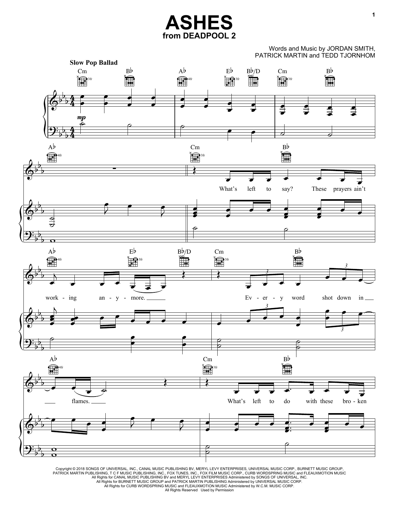 Celine Dion Ashes sheet music notes and chords arranged for Piano, Vocal & Guitar Chords (Right-Hand Melody)