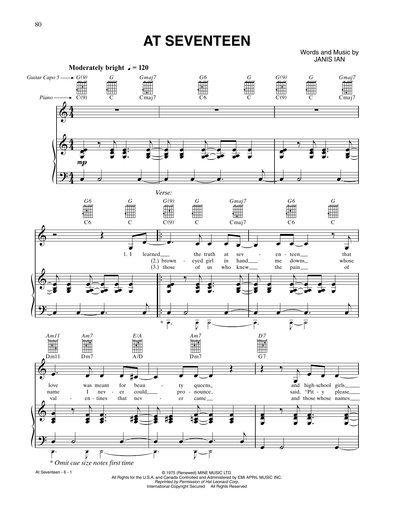 CÉLINE DION At Seventeen sheet music notes and chords arranged for Piano, Vocal & Guitar Chords (Right-Hand Melody)