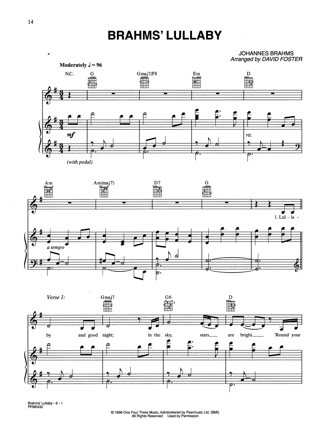 Celine Dion Brahm's Lullaby sheet music notes and chords arranged for Piano, Vocal & Guitar Chords (Right-Hand Melody)